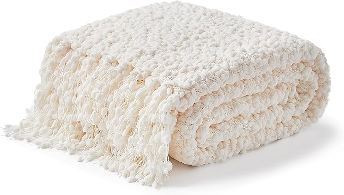 Amélie Home Knit Throw Blanket with Tassels for Couch, Luxury Boho Throw Blanket for Summer Ivory, 50"x60"-Ruum Studio Home