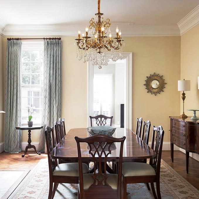 Vintage 8 Arms Crystal Chandelier Candle Light Fixture for Dining Room Living Room Bedroom Hallway Entryway Antique Gold Finish (27"-8 Lights)-Ruum Studio Home