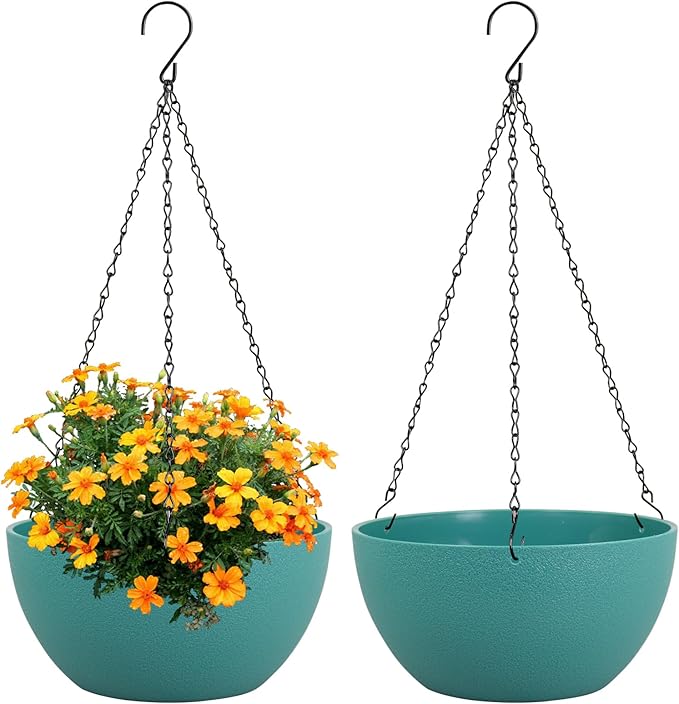 8 inch Small Hanging Planters Plant Pots for Indoor Outdoor Plants, 2 Pack Hanging Flower Pots with Drainage Holes and Chain for Garden, Plastic Hanging Baskets for House Plants, Blue Green-Ruum Studio Home