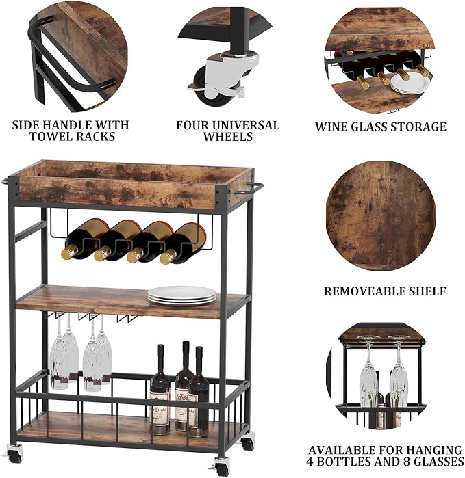 Bar Cart Serving Wine 3 Tier Home Rolling Rack with Wheels Mobile Kitchen Industrial Vintage Style Wood Metal Serving Trolley Serving Cart,Glass Holder Bar Cabinet-Ruum Studio Home