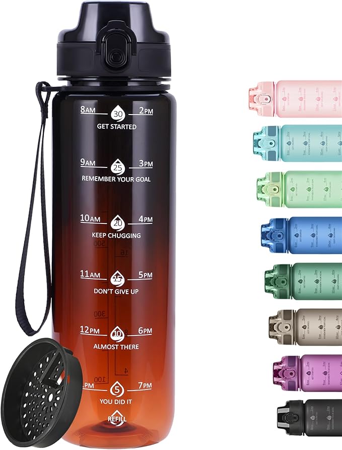 32oz Motivational Water Bottles with Time Marker & Fruit Strainer, Transparent Gradient Color Water Bottle with Times to Drink, Leakproof & BPA Free, Reusable Bottle with Strap (No Straw)-Ruum Studio Home