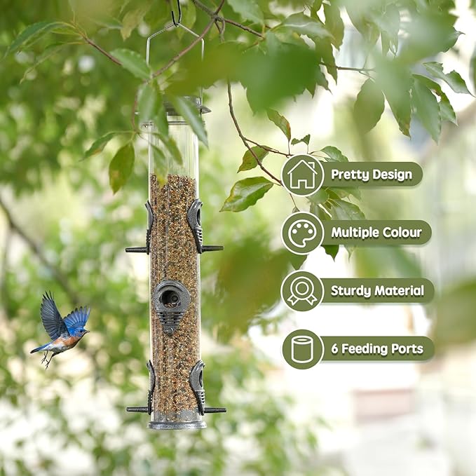 MIXXIDEA 2PK Metal Wild Bird Feeder Squirrel Proof Bird Feeders for Outside Hanging 6 Port Tube Bird Feeder Transparent Finch Feeder with Steel Hanger (Grey)-Ruum Studio Home