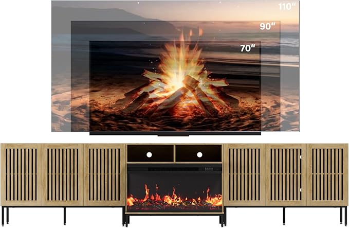 3-Sided Glass Farmhouse Fireplace TV Stand for TVs Up to 110 Inch, Oak Entertainment Center with 36" Electric Fireplace, TV Console with Storage Cabinets for Living Room-Ruum Studio Home