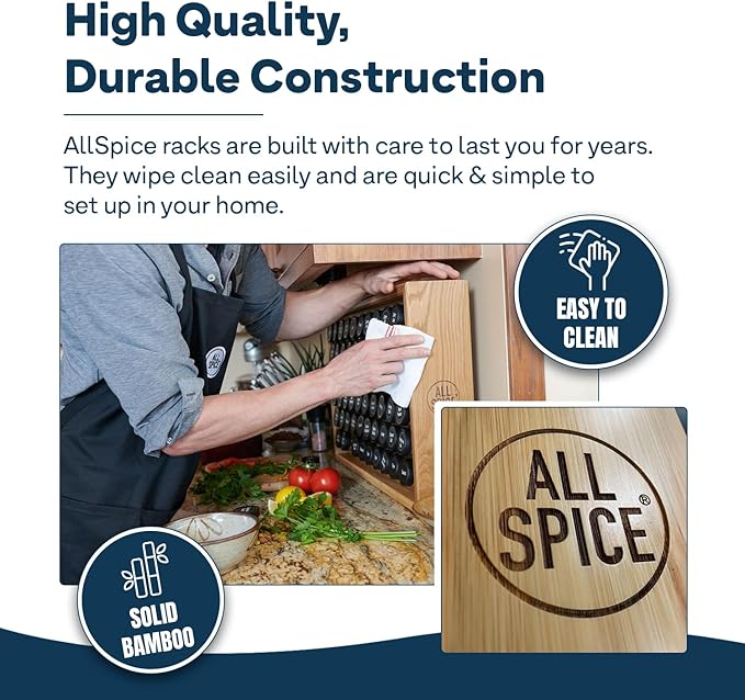 AllSpice Spice Rack Organizer, Wood, 525 Unique Labels, Countertop or Wall Mount, Includes 60 4oz Jars- Cherry Stain-Ruum Studio Home