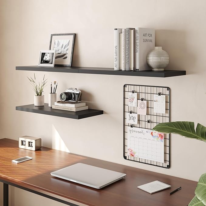 Wall Shelf Set of 2, Black Floating Shelves 30 in W x 10 in D x 1 in H, Wooden Floating Wall Shelf with Invisible Brackets for Living Room/Bedroom/Bathroom/Kitchen Storage and Decor-Ruum Studio Home