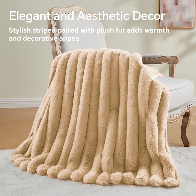 BEDELITE Faux Fur Throw Blanket for Couch, Soft and Cozy Luxurious 3D Striped Fluffy Blanket, 770GSM Thick Warm Plush Fuzzy Faux Rabbit Fur Blanket for Women Gift (Brown, 60"x 80")-Ruum Studio Home