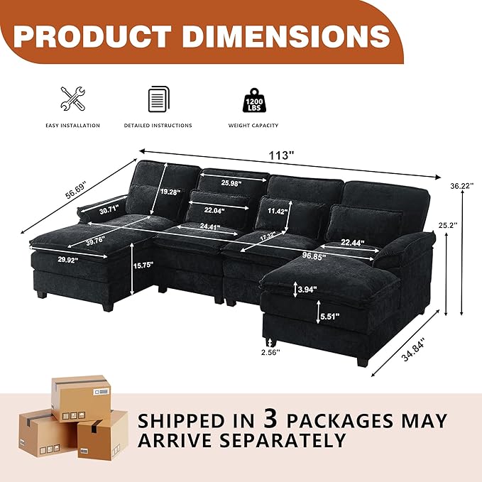 113" Oversized Cloud Couch, U Shape Sectional 4 Seat Sofa with Double Chaises, 2 Layer Cusions, Deep Seat Comfy Sofa, Upholstery Chenille Fabric for Living Room, Black-Ruum Studio Home