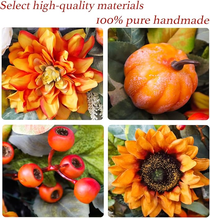 Fall Wreath for Front Door, 24 Inch Autumn Wreath with Pumpkins, Peony, Sunflowers & Dahlias, Fall Decorations for Home, Artificial Flowers Harvest and Thanksgiving Indoor & Outdoor-Ruum Studio Home