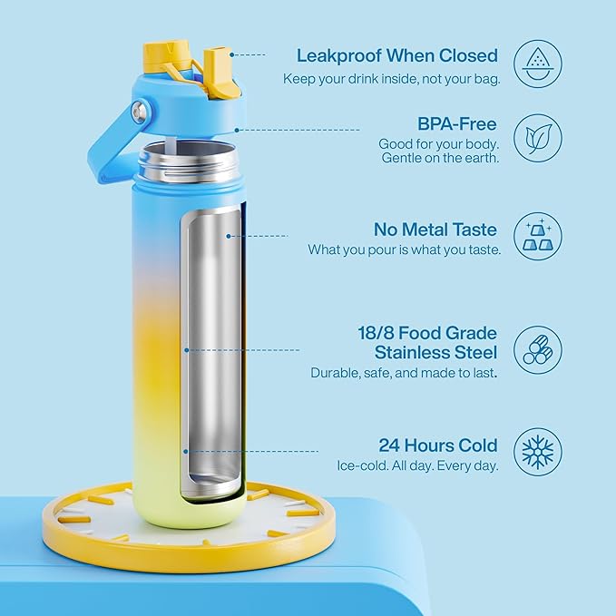 Insulated Water Bottle with Straw Stainless Steel Water Bottle, Leak-Proof, BPA-Free, Double Wall Vacuum Keeps Cold for 24 Hours for Sports, Travel, School (26 oz, Sunny Breeze)-Ruum Studio Home