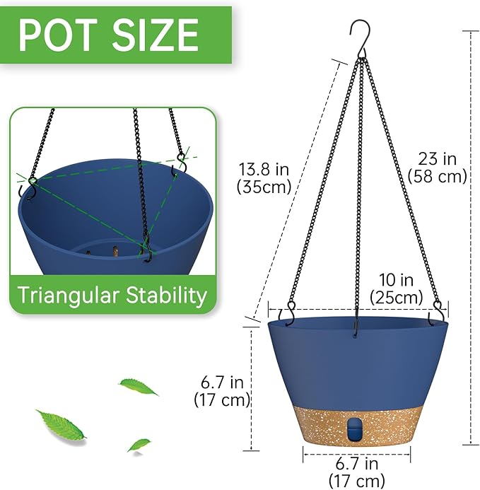 ZMTECH 2 Pack 10 Inch Hanging Planters for Outdoor Plants, Hanging Pots for Plants Indoor with Visible Water Level, Hanging Flower Basket with Drainage Holes & Removable Tray(Blue)-Ruum Studio Home