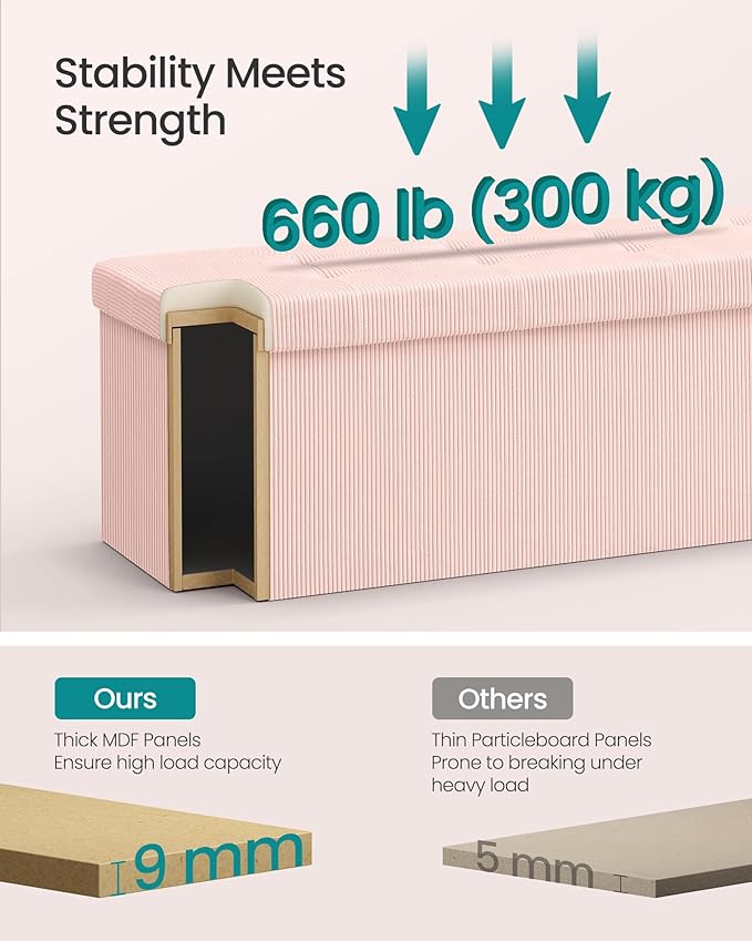 SONGMICS MAZIE Collection - Storage Ottoman Bench, Foldable Foot Rest, 15 x 43 x 15 Inches, End of Bed Bench, Storage Chest, Load 660 lb, Living Room, Bedroom, Entryway, Jelly Pink ULSF604R01-Ruum Studio Home