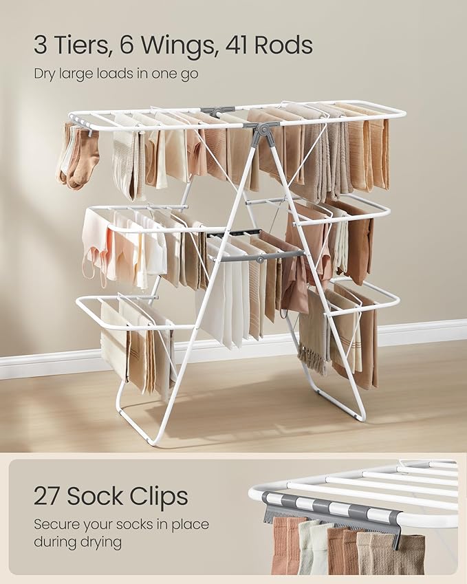 SONGMICS Clothes Drying Rack, Foldable 3-Level Laundry Rack, Free-Standing Large Drying Rack, with Height-Adjustable Wings, 39 Drying Rails, Sock Clips, White and Gray ULLR054W01-Ruum Studio Home