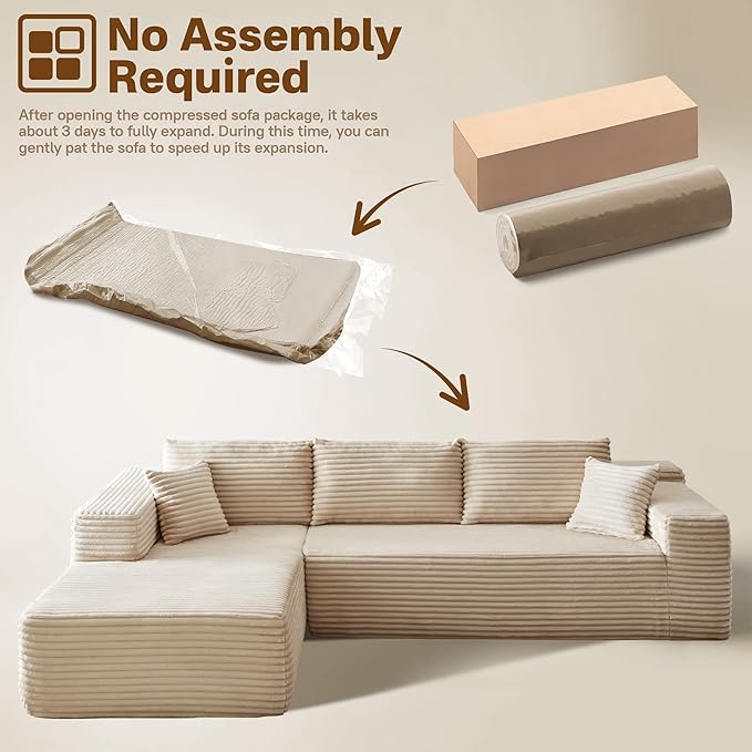 104" Cloud Sectional Couches for Living Room,L Shaped Boneless Couch in A Box,Sleeper Sofa with Comfy Chaise No Assembly Required,Beige-Ruum Studio Home