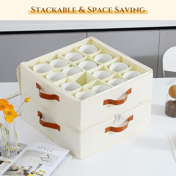 2 Pack Cup and Mug Storage Box with Dividers and Hard Shell, Stackable Coffee Cup Storage Organizer with Lid, Zipper, and Handles for Coffee Mugs, Cups, Glasses, Stemware Storage Containers for Moving-Ruum Studio Home