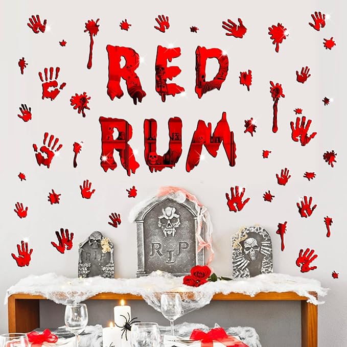Halloween Decorations Stickers for Wall Bloody Handprint Decals for Bathroom Mirror Acrylic Halloween Party Supplies Decal Peel and Stick Scary Red Blood Stickers for Haunted House Party Home Office-Ruum Studio Home