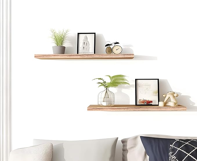 Wood Floating Shelves for Wall Decor, Rustic Wall Shelves for Bedroom Bathroom Kitchen Living Room, Set of 4 Light Walnut 24 Inch-Ruum Studio Home