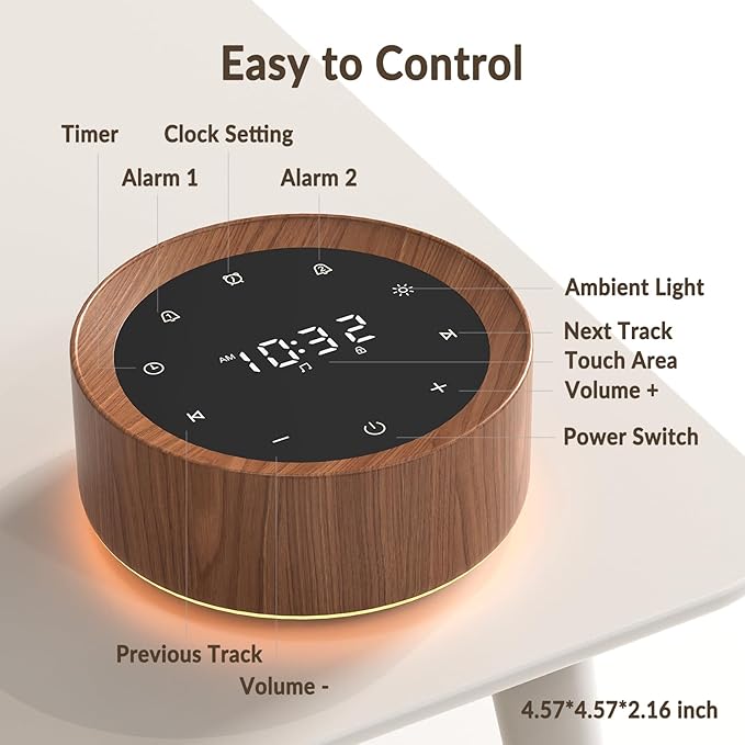 White Noise Sound Machine Alarm Clock 7 Color Night Light Sound Machine for Adult/Baby 20 Soothing Sound 31 Level Volume 6 Level Screen Brightness 5 Timer Set Memory Function Touch Control Wood Grain-Ruum Studio Home