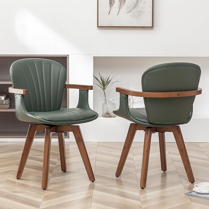 LUNLING Swivel Dining Room Chairs Set of 2, Mid Century Modern Green Faux Leather Kitchen Chairs with Arms,Bamboo Legs Side Chairs No Wheels,Accent Chair for Dining Rooms and Offices-Ruum Studio Home