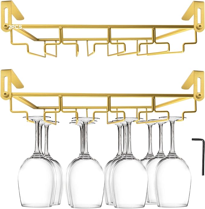 AUHOKY Adjustable Wine Glass Holder Under Shelf, Nail Free Metal Stemware Holder Storage Hanger, Hanging Wine Glasses Rack Organizer Under Cabinet Mount for Bar Kitchen (4 Rows, Gold)-Ruum Studio Home