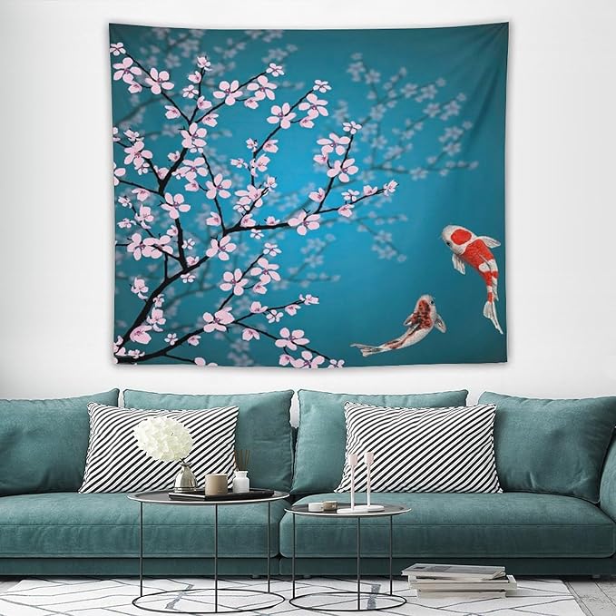 Japanese Koi Fish Tapestry, Cherry Blossoms Asian Oriental Green Teal Flower Branch Koi Fish Carp Tapestries Wall Hanging for Bedroom Living Room Office Decor 60"x50"-Ruum Studio Home