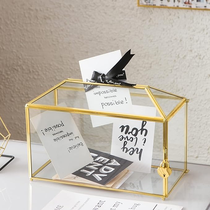 Glass Wedding Card Box with Slot, 12.6 inch Large Clear Card Box Gold Brass Gift Card Storage Box with Lock for Wedding Receptions, Baby Shower, Birthday Party, Bridal Shower-Ruum Studio Home