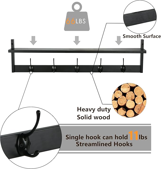 AMBIRD Wall Hooks with Shelf Entryway Hanging Wood Coat Hooks with Shelf Wall-Mounted Coat Hook Rack with 5 Dual Hooks for Bathroom, Living Room, Bedroom (Stylish)-Ruum Studio Home