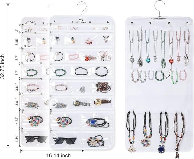 Freegrace Hanging Jewelry Organizer Revolving Hanger - Secure Zipper Closure - 25 Pockets,23 Hooks - Foldable Storage & Display Solution - For All Jewelry & Bijoux (White)-Ruum Studio Home