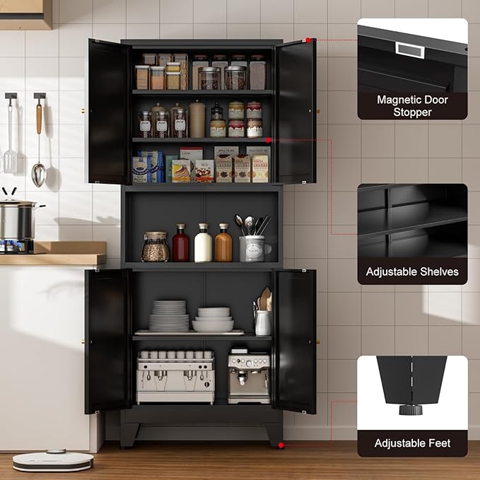 69" Tall Kitchen Pantry Cabinet, Metal Storage Cabinet with 4 Doors and Adjustbale Shelves, Freestanding Cupboards for Dining Room, Living Room, Bathroom-Ruum Studio Home