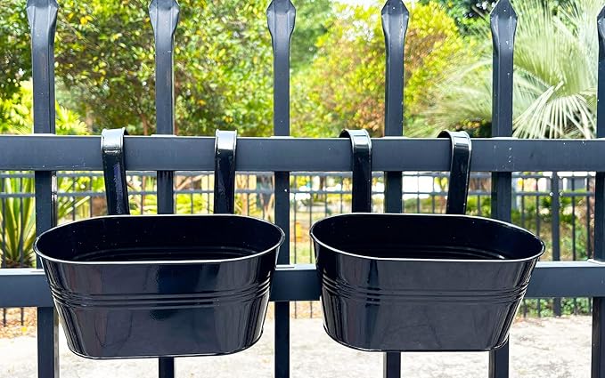 2 Pack Metal Hanging Planter for Outdoor Plants, 10 Inch Black Fence Planters Railing Pots for Garden Patio Balcony Decor, Flower Bucket with Detachable Hooks (Black, 2Pcs)-Ruum Studio Home