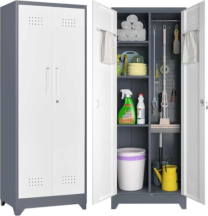 Locking Cabinet,Metal Storage Cabinet with Doors and Shelves,Broom Closet Storage Cabinets for Bedroom,Home Office,Grey-White-Ruum Studio Home