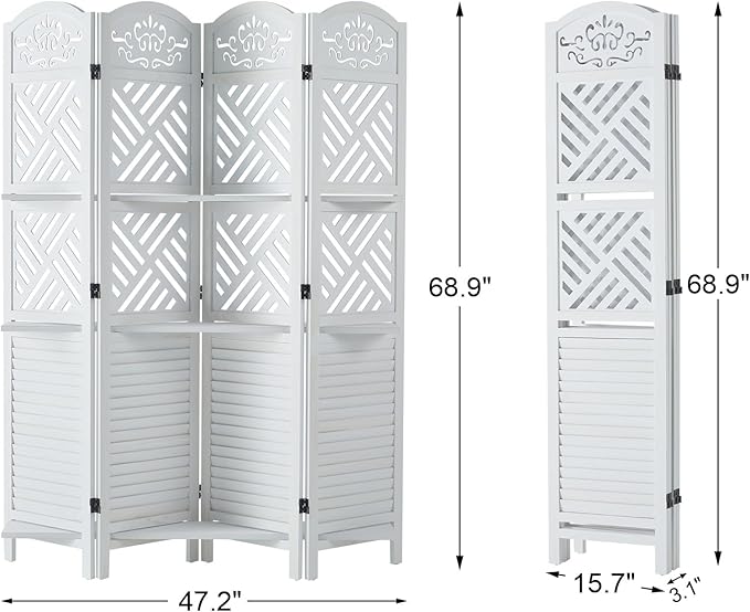 Room Divider with Shelves, 68.9inch Wood Carved and Louvered Wall Divider Freestanding, 4 Panels Folding Partition Screen for Bedroom Home Office (White)-Ruum Studio Home