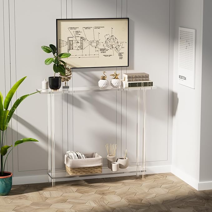 Sleek Modern 2-Tier Acrylic Console Table, 39.4" L x 7.6" W x 31.5" H - Entryway Table for Hallway, Living Room, Sofa Side, Small Spaces (Clear)-Ruum Studio Home