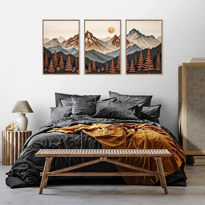HLNIUC Large Boho Mountain Framed Canvas Wall Art Set,Woodcut Style Mountain Wall Decor,Vintage Forest Pine tree Art Prints,Nature Sunrise Landscape Wall Painting for Living Room,Bedroom - 16”x24”x3-Ruum Studio Home