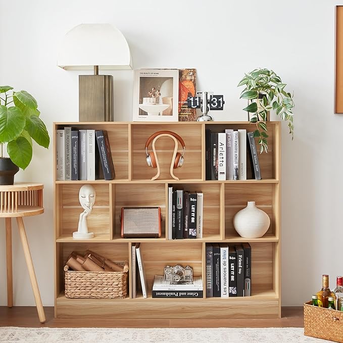 LEYAOYAO 10 Cube Bookshelf with Base,3 Tier Mid-Century Modern Grey Bookcase,Standing Wide Bookshelves Storage Organizer Shelf,Rustic Wood Display Cabinet Book Shelves for Bedroom,Living Room,Office-Ruum Studio Home