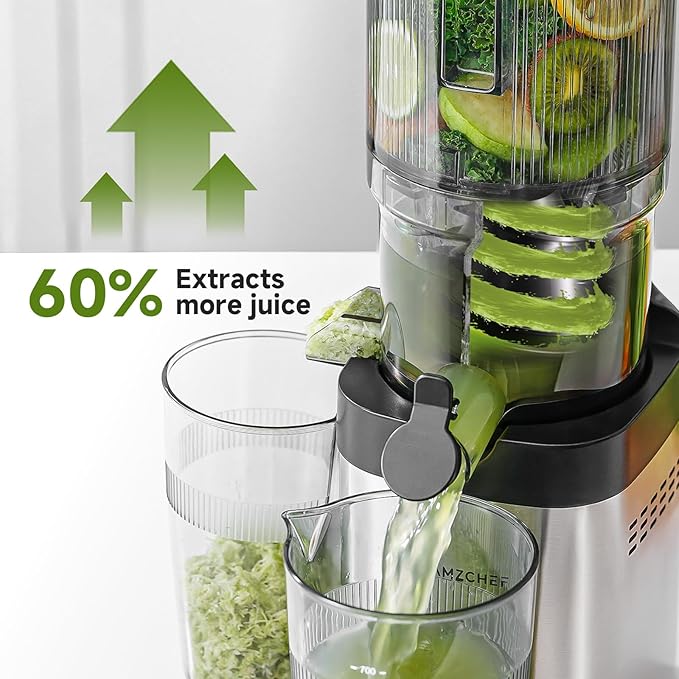 AMZCHEF Cold Press Juicer, Juicers Machines - 5.4" Large Feed Chute for Whole Fruits & Vegetables, Stainless Steel Slow Masticating Juice Easy to Clean, Large Auger, Triple Strainers, Silver-Ruum Studio Home