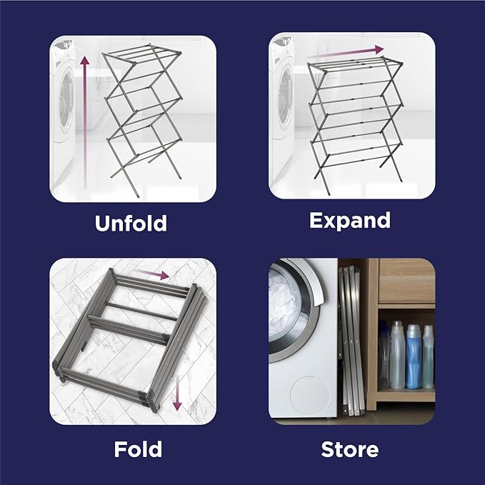 BLACK+DECKER 3 Tier Expandable Collapsing Foldable Laundry Rack for Air Drying Clothing, Space Saving Heavy Duty Lightweight Metal Drying Rack(Silver)-Ruum Studio Home