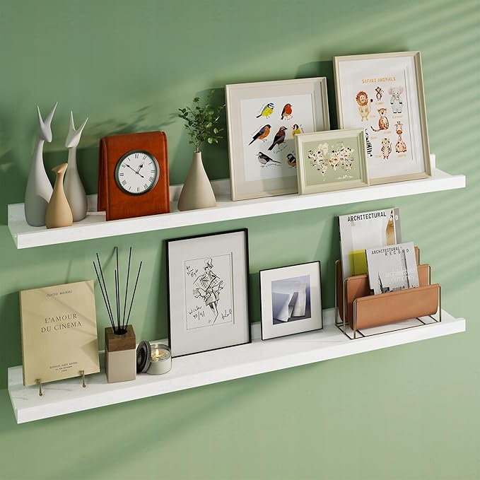 Floating Picture Ledge Shelves 48 Inch Solid Oak Wood Set of 2, Rustic Wall Storage Shelves with Lip, Kids Bookshelf, Photo & Picture Ledge Shelves for Bedroom, Living Room, Kitchen-Ruum Studio Home