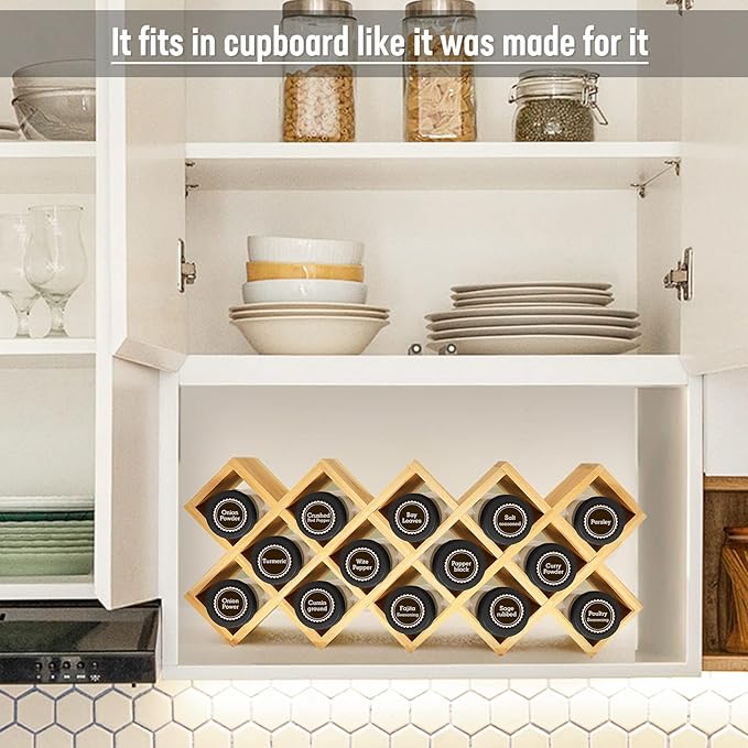 Bamboo Criss Cross Spice Rack Organizer for Cabinet, Wood Seasoning Rack Spice Holder, 18-Jar Spice Rack Tower Spice Storage for Kitchen Countertop Drawer-Jars Not Included-Ruum Studio Home