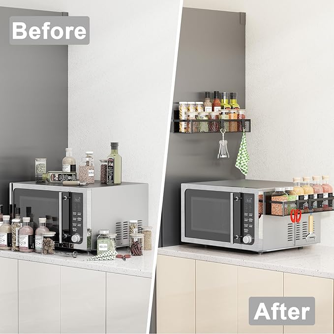 Magnetic Spice Rack for Refrigerator, 2 Pack Magnetic Shelf, Fridge Magnet Organizer with Moveable 4 Hooks, Magnetic Fridge Shelf for Kitchen Organization and Storage (2 Pack)-Ruum Studio Home