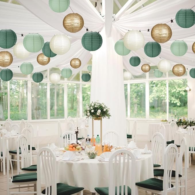 Paper Lanterns Sage Green Gold Round Hanging Chinese Lanterns for Birthday Party Baby Shower Bridal Shower Decorations Pack of 12-Ruum Studio Home