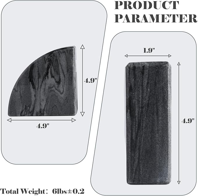 Marble Bookend for Shelves, Non-Skid Bookends for Heavy Books, Heavy Duty Book Stopper for CDs, Luxury Book Shelf Holder, Quarter Circle Design Book Ends Decorative, Monte Grigio, Set of 2-Ruum Studio Home