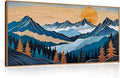 Blue Woodcut Mountain Framed Canvas Wall Art Set, Boho Abstract Ridge Wall Decor, Pine Tree Landscape Wall Painting, Sunrise Forest Art Print for Living Room, Bedroom, Office - 20"X40"-Ruum Studio Home