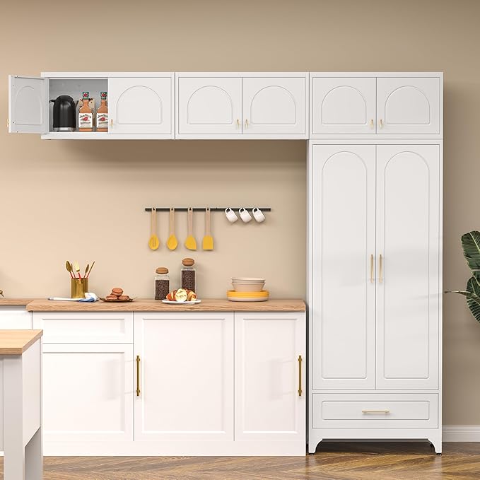 Kitchen Cabinet, 90" Tall Metal Pantry Cabinet, Freestanding Cupboards with One Drawer, Food Storage Cabinets for Dining, Living Room, White, 16" D x 32" W x 90" H, Assembly Required-Ruum Studio Home