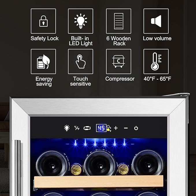 Tylza 15 Inch Wine Cooler Under Counter, 33 Bottle Built-in Wine Fridge with Stainless Steel Tempered Glass Door, Temp Memory Function, Freestanding Fast Cooling Wine refrigerator, Quiet Operation-Ruum Studio Home