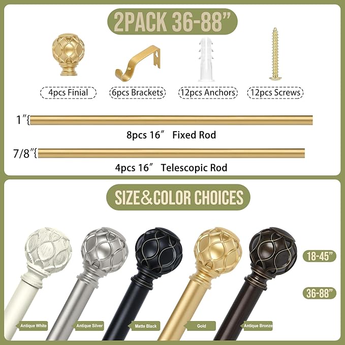 Gold Adjustable Curtain Rods for Windows:Farmhouse Heavy Duty Curtain Rod for Bedroom Living Room,Boho Decorative Rustic Drapery Rod with Vintage Coastal Texture Finial,Brass Gold 2Pack 36-88"-Ruum Studio Home