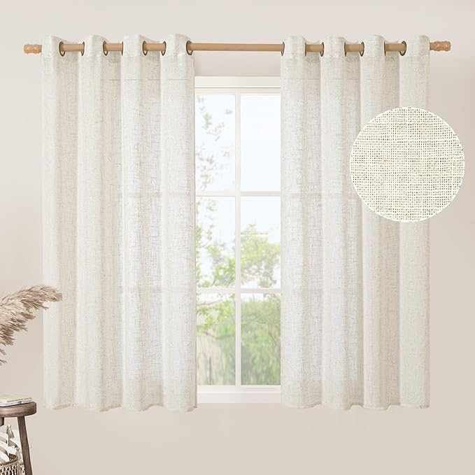 LAMIT Natural Linen Semi Sheer Curtains 45 Inch Length, Light Filtering Short Linen Neutral Decorative Window Drapes with Bronze Grommet for Bedroom/Kitchen, Cream Ivory, 2 Panels Set, 52 X 45 Inch-Ruum Studio Home