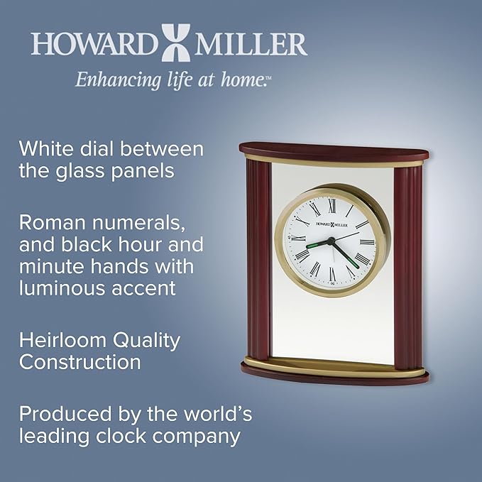 Howard Miller Victor Tabletop Clock - Wooden Desk Timepiece with Glass Crystal, Felt Bottom, Quartz Movement, Analog Alarm Clock, Battery Operated for Home, Office, Living Room, and Bedroom Decor-Ruum Studio Home
