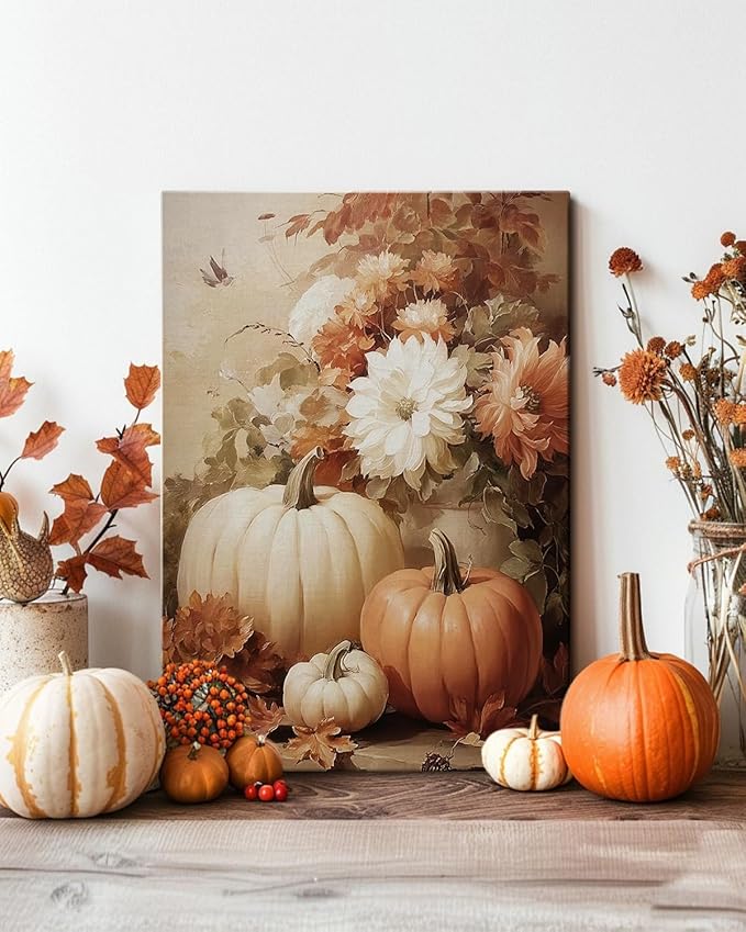 AbcCustomize Vintage Pumpkin Floral Wall Art Decor, Rustic Fall Daisy Flowers Canvas Print for Farmhouse Autumn Decor, Thanksgiving Decorations for Living Room Kitchen Dining Room, Ready to Hang-Ruum Studio Home