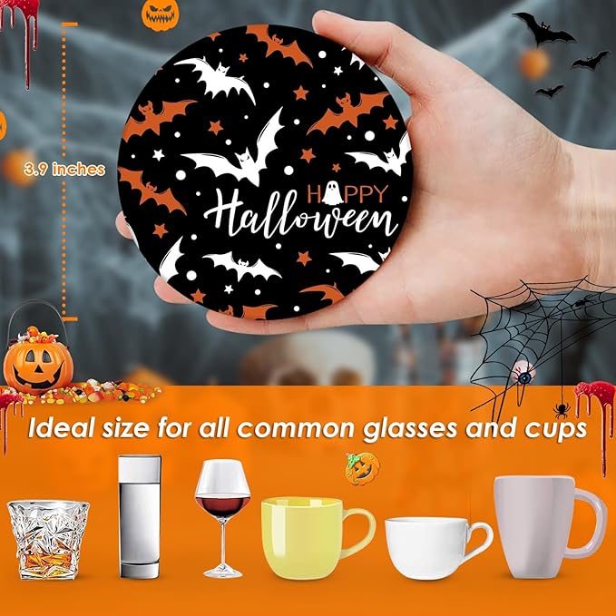 Coaster for Drinks Set of 6, Halloween Ghost Pumpkins Bats Holiday Black Absorbent Round Ceramic Stone Mat, with Cork Base and Metal Holder, Gift for Housewarming Room Bar Decor-Ruum Studio Home