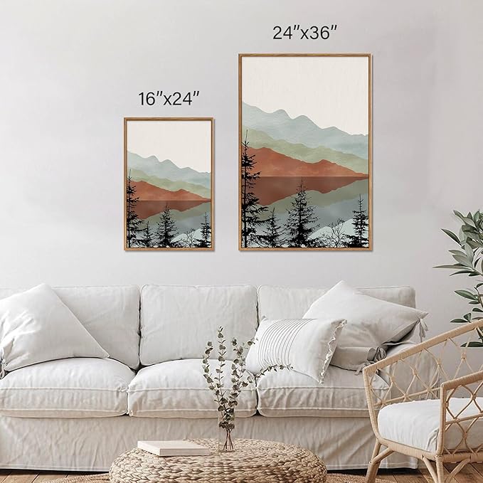Tinonedraw Boho Mountain Framed Canvas Wall Art Set, Watercolor Nature Landscape Wall Decor, Black Pine Trees Forest Artwork, Neutral Modern Sunrise Art Prints for Living Room Bedroom Office 24"x36"x3-Ruum Studio Home